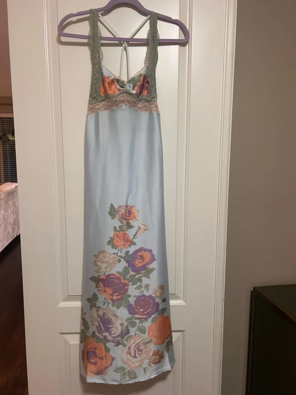 🌸🌺🌼Free People Intimately Light Blue Floral Lace Trim Long Slip Dress🌼🌺🌸 - Picture 2 of 14